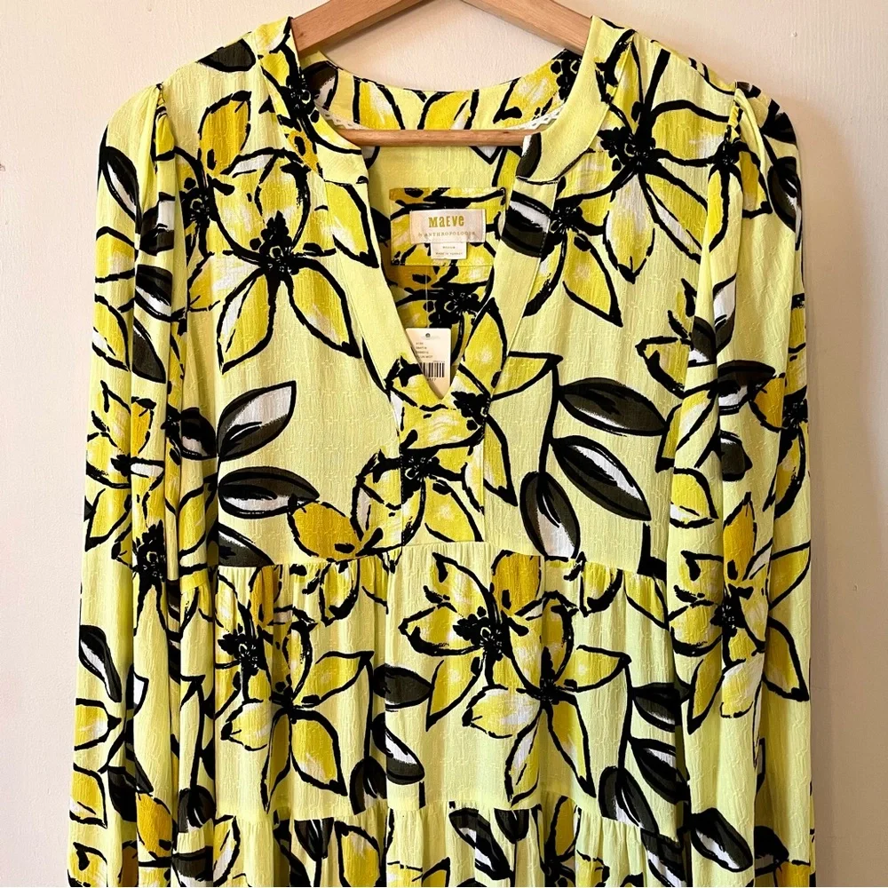 Anthro Maeve Yellow Floral Amber Tiered Tunic Dress, Size M - Picture 6 of 16